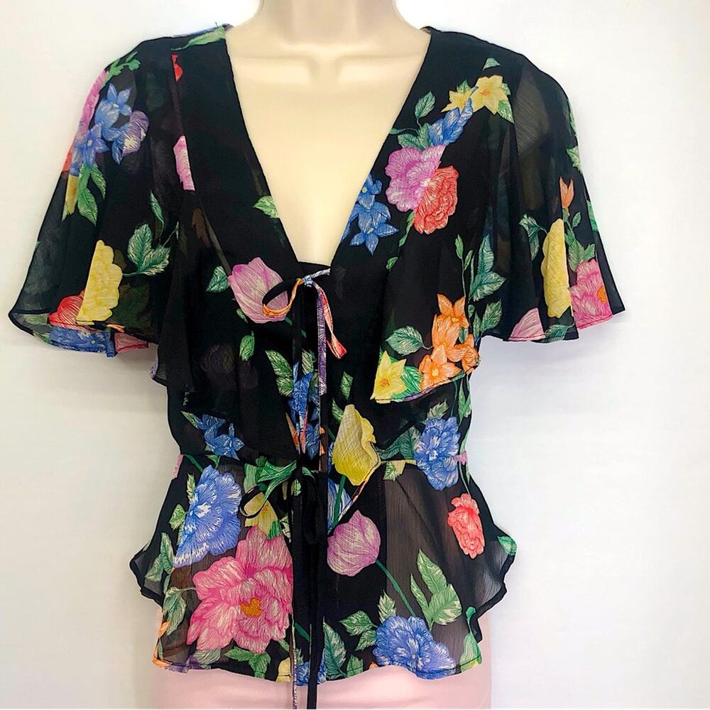 NWT Topshop Sheer Black Floral Flutter Sleeve Top Feminine Flirty Fun - Picture 7 of 16